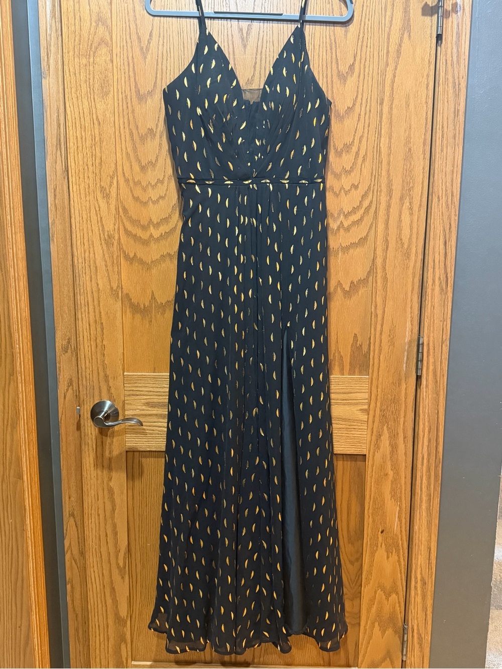 Black semi-formal Dress with Gold Teardrop Print - Flowing Spaghetti Strap Gown